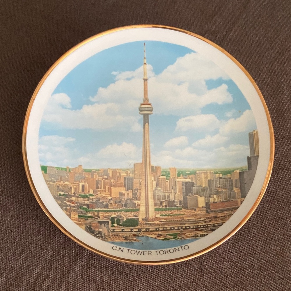 Vintage C.N. Tower Toronto Decorative Collector Plate - Sky Blue & Gold Rim